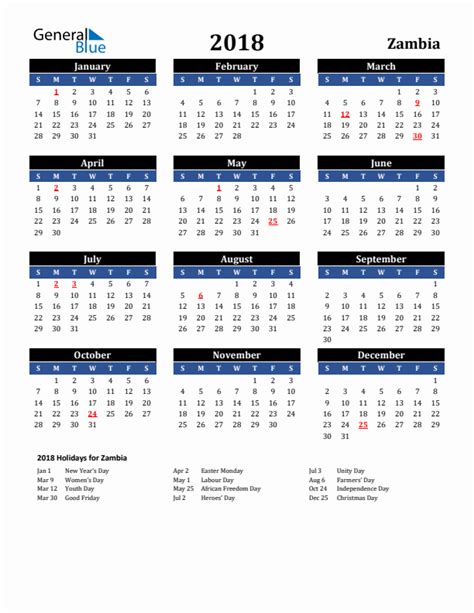 2018 Zambia Calendar With Holidays