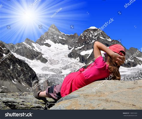 Girl Looking At The Beautiful Mount Gabelhorn In The Swiss Alps Stock