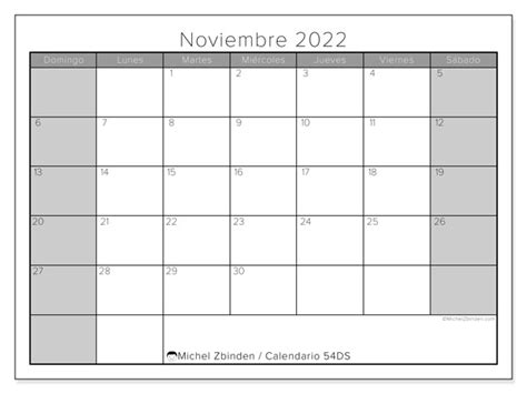 Calendarios Noviembre 2022 “domingo Sábado” Michel Zbinden Es