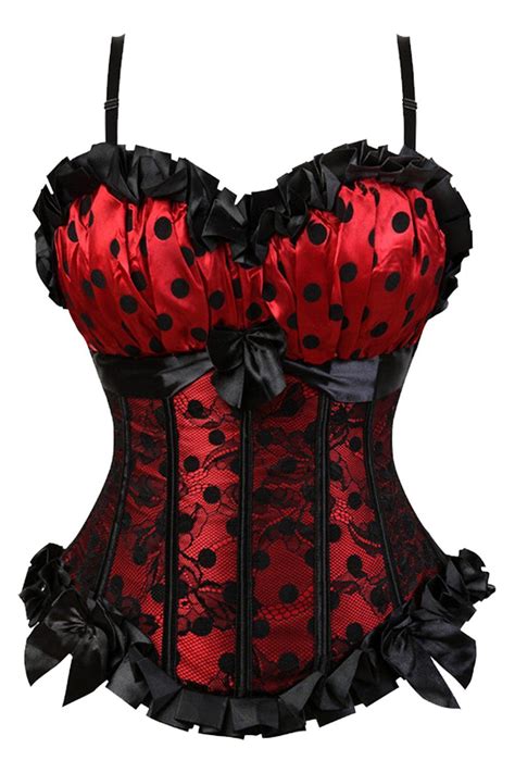 The Atomic Red Satin And Lace Burlesque Polka Dot Corset Features A Black Lace Strapped Corset
