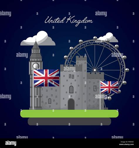 United Kingdom Country Flag Castle Clouds London Eye Big Ben Vector Illustration Stock Vector