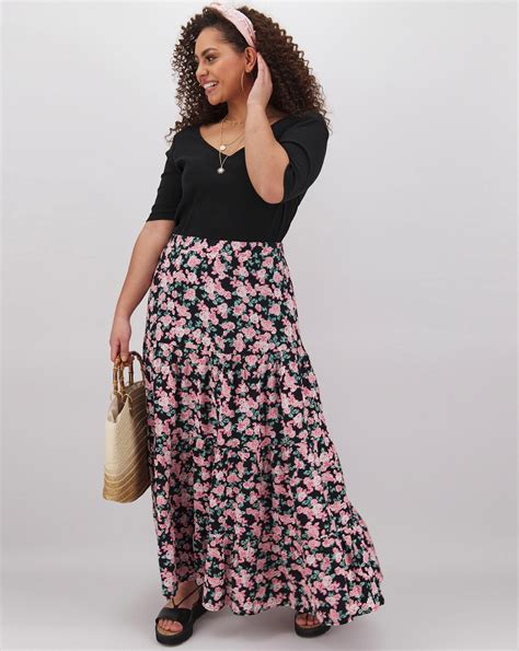 Floral Tiered Maxi Skirt Available In Pinkblack Long Skirt Outfits For Summer Plus Size Long