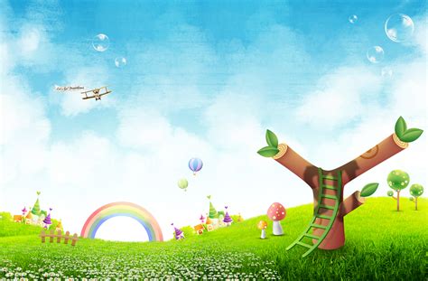 Playful Countryside Views Rainbow Cartoon Childlike Background Image
