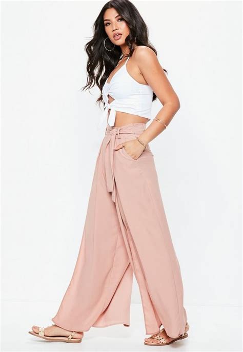 Petite Nude Extreme Split Belted Wide Leg Trousers Missguided