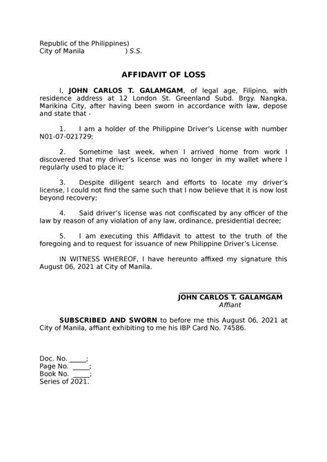 Affidavit OF LOSS Drivers License Republic Of The Philippines City Of Manila S AFFIDAVIT
