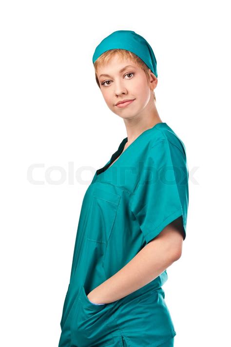 Junge Krankenschwester Porträt Stodio Shoot Stock Bild Colourbox