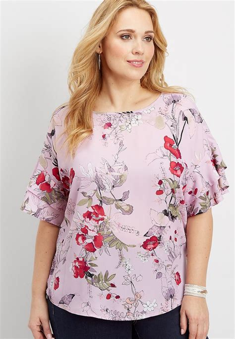 Plus Size Floral Blouse With Ruffled Sleeves And Tie Sides Maurices