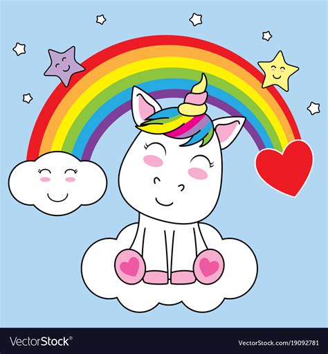 Unicorn Sitting On A Cloud And With Rainbow Vector Image