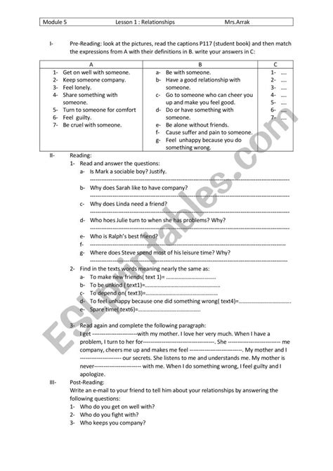 Module 5 Lesson 1 Relationships 8th Form Esl Worksheet By Faiza Safi