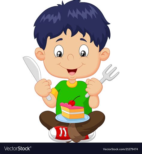 Cartoon Boy Eating Cake Isolated On White Vector Image