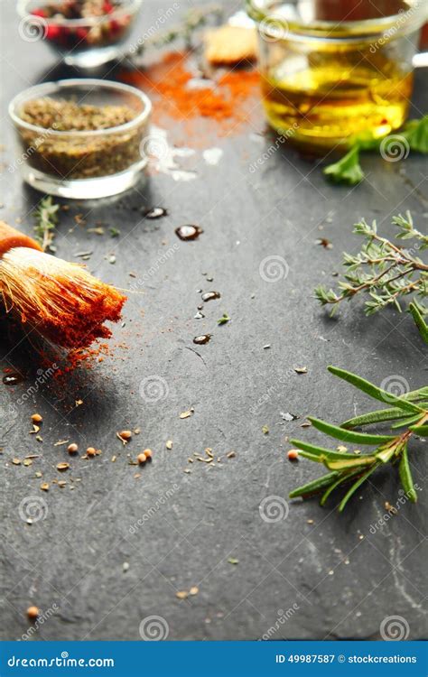 Messy Kitchen Table With Herbs And Spices Stock Image Image Of Pepper