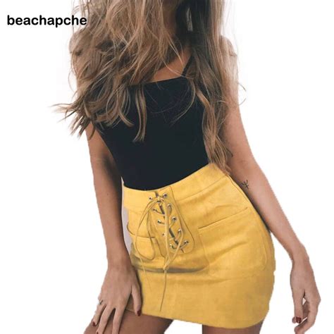2018 New Arrival Womens Mini Skirts Suede Ladies Silm Lace Up Pocket