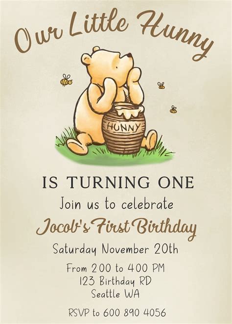 Editable Our Little Hunny Is Turning One Birthday Invitation 1st