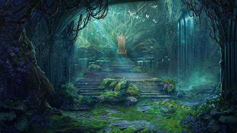 An Image Of A Fantasy Forest Scene With Stairs