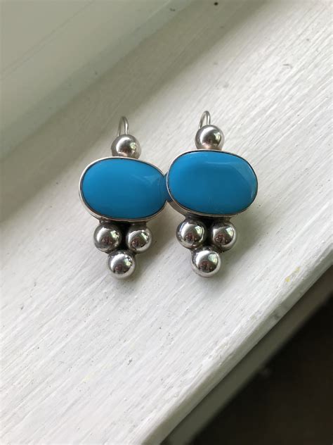 Vintage 925 Sterling Turquoise Statement Pierced Earrings By