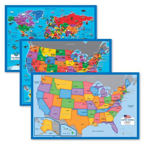 Buy 3 Pack World And Usa Map Chart Illustrated Short Simplified Usa