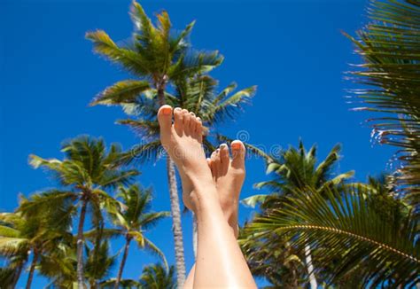 Woman S Beauty Legs With Fashion Pedicure At Beach Stock Photo Image