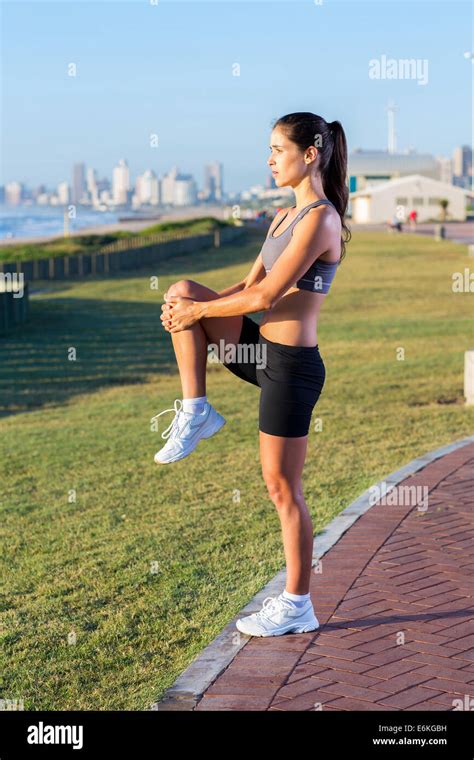 Active Woman Doing Fitness Exercise Beach Stock Photo Alamy