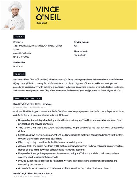 Head Chef Resume Template Free Cv Template Word Chef Resume Resume