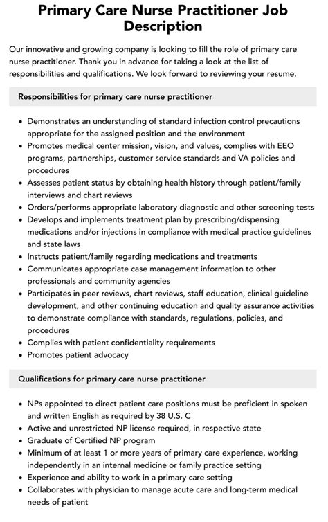 Primary Care Nurse Practitioner Job Description Velvet Jobs