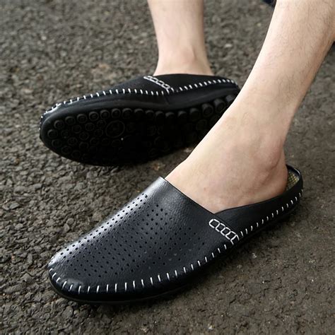 summer slippers men casual shoes leather slip on half shoes big size summer breathable mens half