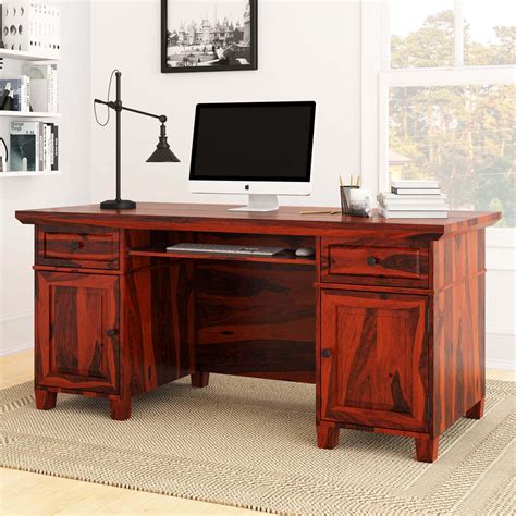Bedias Rustic Solid Wood Computer Desk With File Cabinets