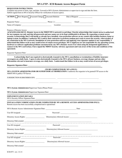 MD MVA Form ICD-075 - Maryland MVA FTP-ICD Remote Access Request Form