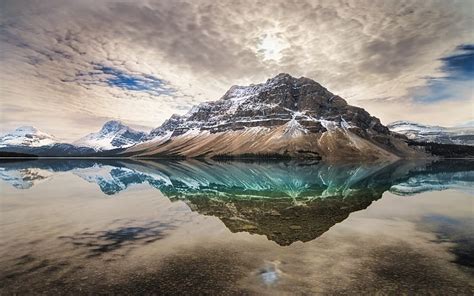 Water Snowy Peak Lake Calm Mountains Reflection Canada Landscape