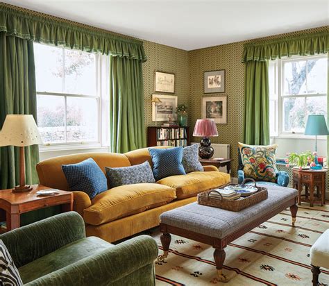 Rita Konig Living Room Mustard Yellow Corduroy Sofa Green Curtains
