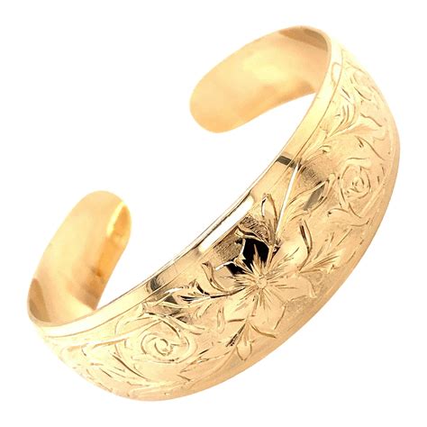 Vintage 9ct Gold Rolled Floral Engraved Cuff Hinged Bracelet Bangle