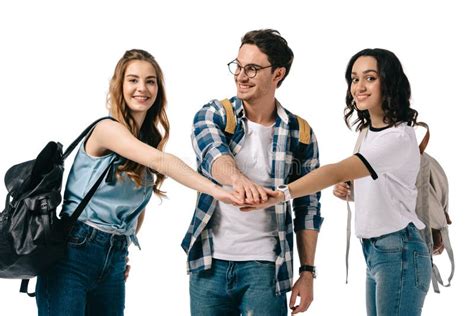 Happy Multicultural Students Putting Hands Together Stock Photo Image