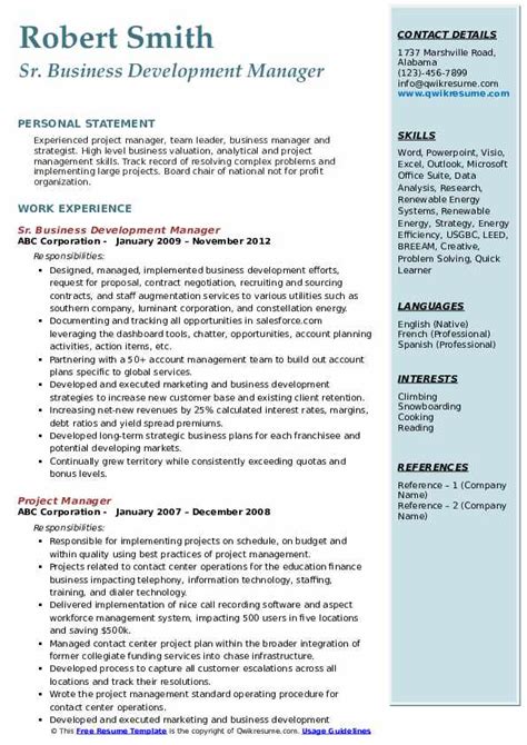However, your resume does need to start with possess excellent time management and efficient cleaning skills. Business Development Manager Resume Samples | QwikResume