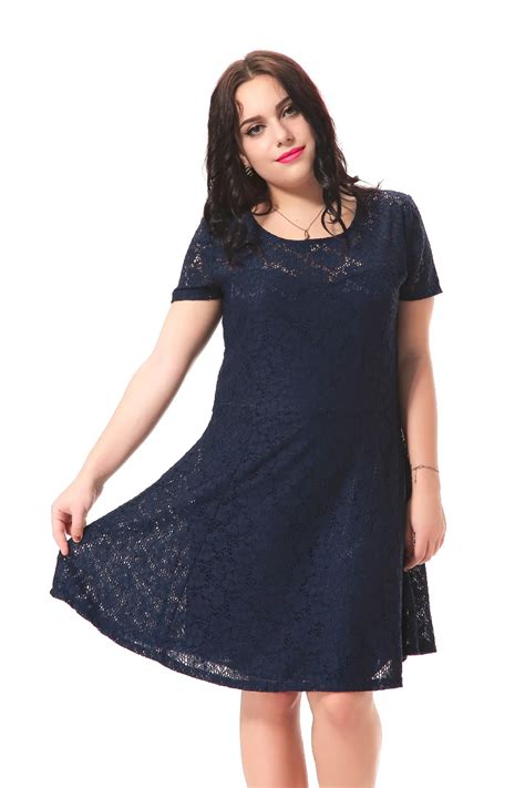 Plus Size Casual Dress Women Blue Lace Party Dress With Hollow Out Design Loose Midi Dress 3xl