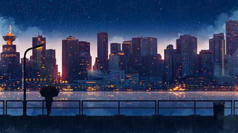 1366x768 Anime City Lights Night Rain Umbrella Sky 1366x768 解像度、背景、都市