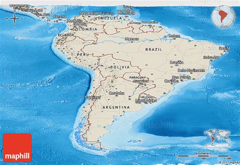 Shaded Relief Panoramic Map Of South America Semi Desaturated Land Only