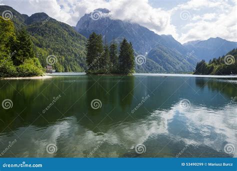 Spectacular Beautiful Sunrise Over Lake Laghi Di Fusine Stock Image