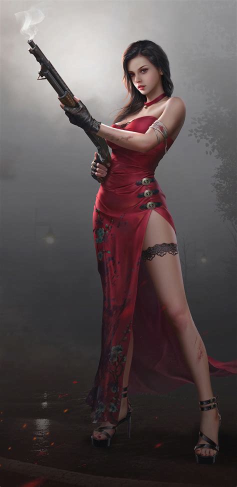 1440x2960 Fantasy Girl In Red Dress With Gun 4k Samsung