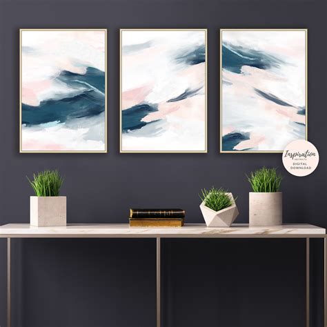 Set Of 3 Pink and Navy Abstract Paintings, 3 Piece Wall Art, Gallery ...