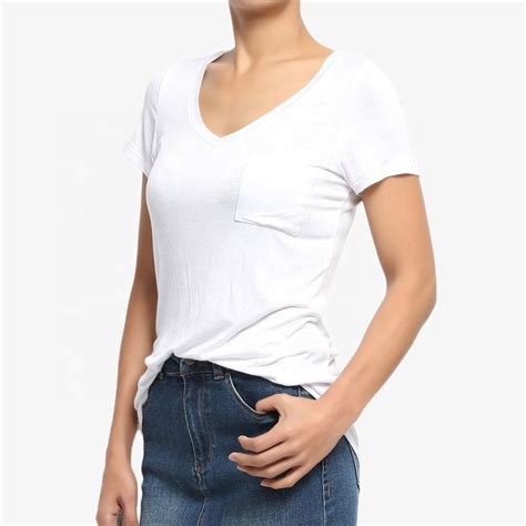 Women S Short Sleeve Loose Fit V Neck Plain Blank White T Shirt With Pocket