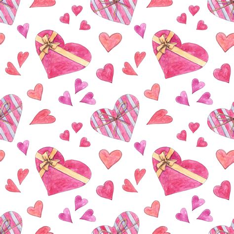 Love Seamless Pattern With Hearts In Watercolor Sketching Style By