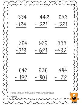 Problems are arrangement is vertical and 20 subtraction problems per worksheet. 3-Digit Subtraction With and Without Regrouping HMWK ...