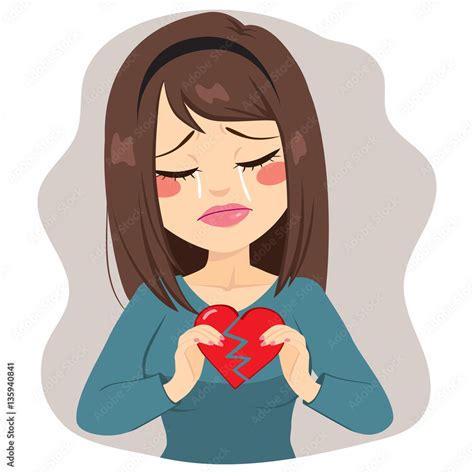Young Sad Woman Holding Two Pieces Of Broken Heart Crying Stock Vector