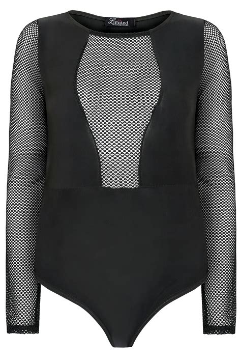 Limited Collection Black Fishnet Mesh Plunge Panelled Body Plus Size