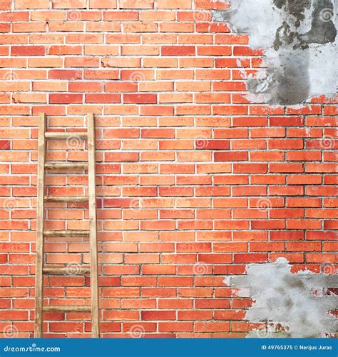 Red Brick Wall With Wooden Ladder Stock Image Image Of Dirty