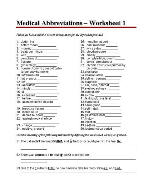 Medical Terminology Worksheet