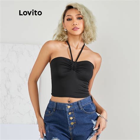 Lovito Sexy Plain Halter Ruched Crop Camis L Ad Black Shopee Philippines