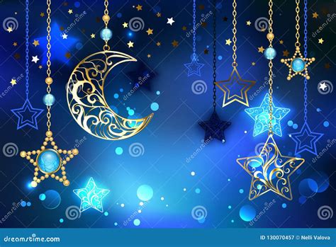 Gold Crescent On Blue Background Cartoon Vector