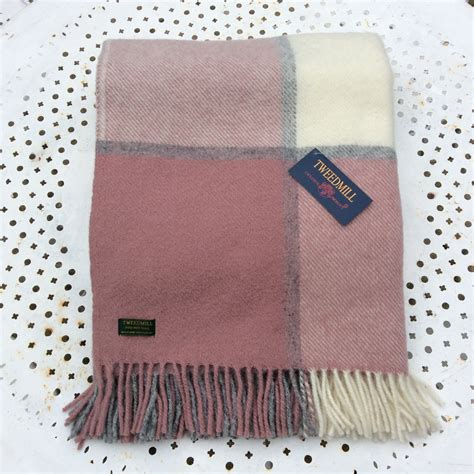 Pure New Wool British Made Throwblanket Pink And Charcoal Block Check