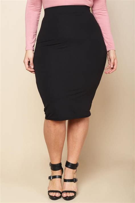 A Plus Size Midi Pencil Skirt With An Elasticized Waistline Solid