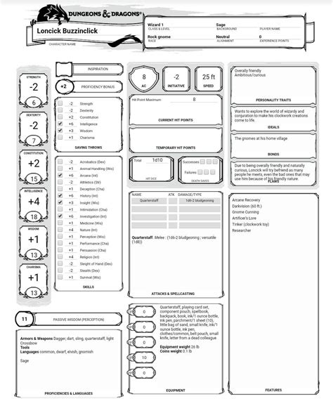 First Dandd Character Sheet For My Gnome Wizard Dungeons